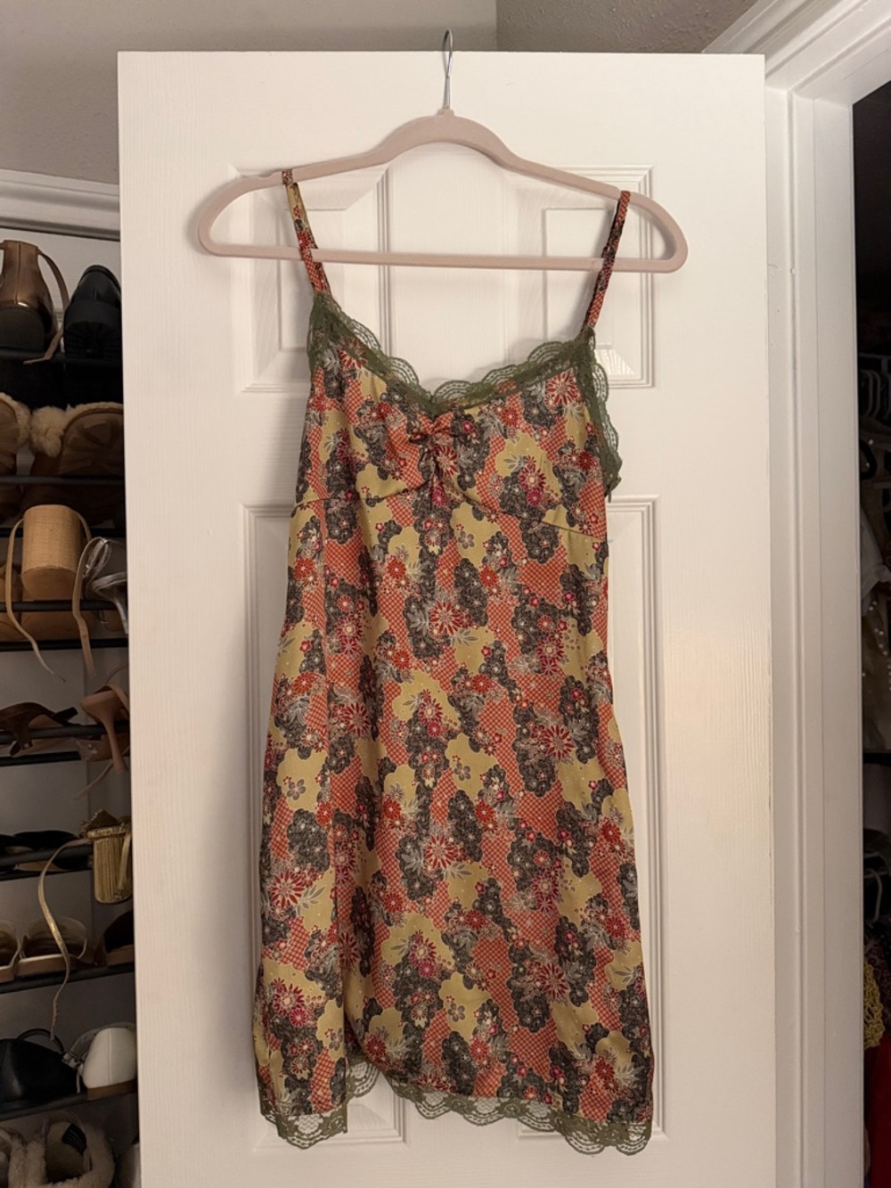 Olive Green Floral Lace-Trim Slip Dress
